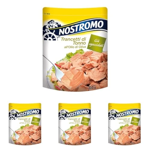 Offerta a tempo: Nostromo - Trancetti di tonno all'olio di oliva, 1 busta da 300gr. Facili da aprire e pronti all'uso, già sgocciolati. (Confezione da 4) - 33% da 17.96 € a 11.96 €