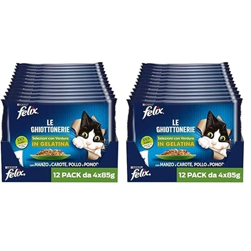 Purina Felix Le Ghiottonerie Cibo Umido per Gatti con Manzo e Carote e con Pollo e Pomodoro, 48 buste da 85g (Confezione da 2)