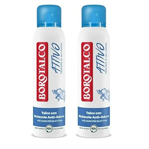 Offerta a tempo: Borotalco, Deodorante Spray Attivo Blu, Formula Senza Alcool e con Talco con Molecole Anti-Odore, Efficacia Fresca, 48h di Efficacia, Profumo di Sali Marini - 1 Flacone da 150ml (Confezione da 2) - 27% da 8.58 € a 6.30 €