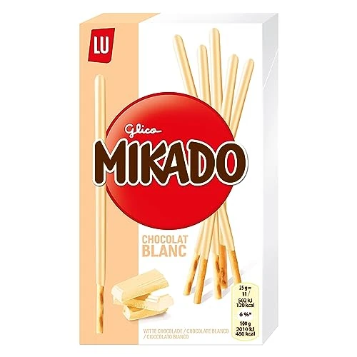 Mikado Cioccolato Bianco, Bastonicino Sottile e Croccante, Ricoperto di Gustoso Cioccolato Bianco, Pratico da mangiare e adatto per ogni occasione, 75g (1 Confezione da 450g)