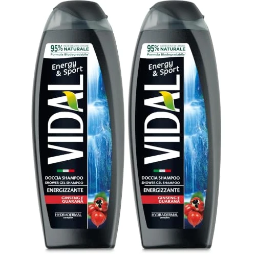 Offerta a tempo: Vidal - Docciaschiuma Energy & Sport, Formula Energizzante, con estratti di Ginseng e Guaranà, Dermatologicamente Testato, 250ml (Confezione da 2) - 32% da 2.90 € a 1.98 €