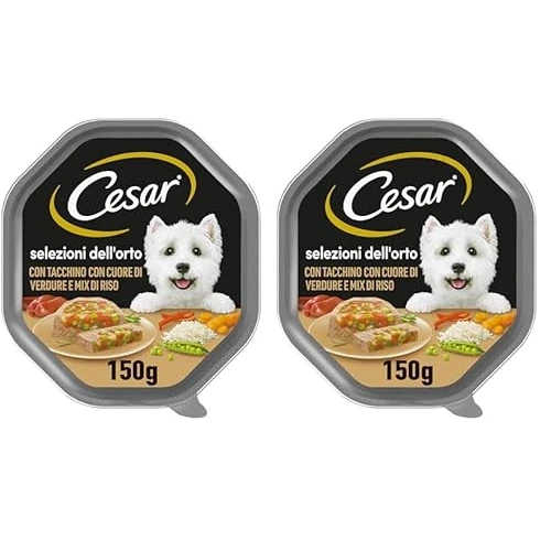 Offerta a tempo: Cesar Selezioni dell'orto Cibo per Cane con Tacchino, con cuore di verdure e mix di riso 150 g - 14 Vaschette (Confezione da 2) - 44% da 32.58 € a 18.20 €