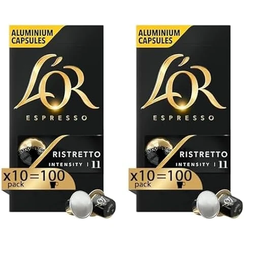 Offerta a tempo: L'Or - Capsule Caffè Espresso Ristretto - 100 Capsule in Alluminio - Intensità 11 - Compatibili con Macchine Nespresso®* original - 10 pacchetti da 10 capsule (Confezione da 2) - 22% da 73.88 € a 57.98 €