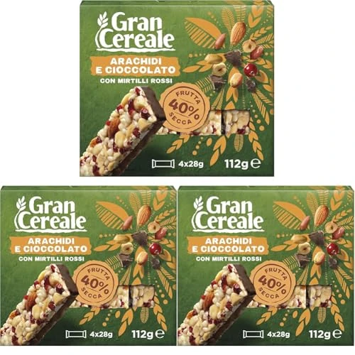 Gran Cereale, Snack Barrette con Frutta Secca con Arachidi, Cioccolato Fondente, e Mirtilli Rossi, 4 Barrette, 112 g (Confezione da 3)