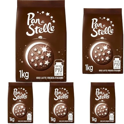 Pan di Stelle Biscotti Frollini con Cacao, Cioccolato e Latte Fresco Italiano, Colazione Ricca di Gusto, 1 Kg (Confezione da 5)