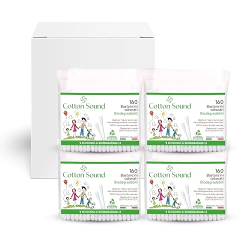 Offerta a tempo: COTTON SOUND ECO Bastoncini Cotonati Busta 1 confezione x 160 Pezzi, Bastoncini Cotonati Ecologici e Biodegradabili, 100% Puro Cotone Idrofilo, Busta Compostabile, Made in Italy (Confezione da 4) - 43% da 4.64 € a 2.64 €