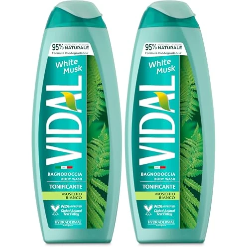 Offerta a tempo: Vidal - Bagnoschiuma White Musk, Formula Tonificante, Fragranza Muschio Bianco, Dermatologicamente Testato, 500ml (Confezione da 2) - 30% da 3.98 € a 2.78 €