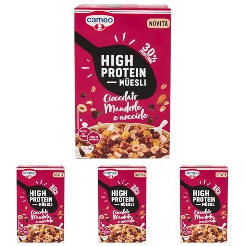Offerta a tempo: Cameo High Protein Muesli, Cereali Proteici Con Cioccolato Fondente, Croccanti Mandorle E Nocciole Tostate, 300g (Confezione da 4) - 51% da 16.32 € a 7.96 €