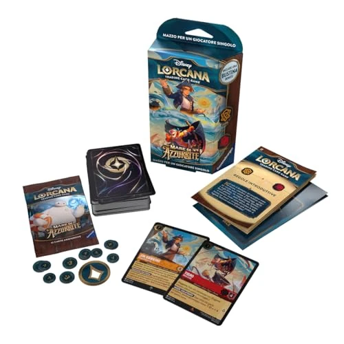 Ravensburger Disney Lorcana TCG: Morze Azurrytu, Starter Deck Bursztyn i Rubin, 60 kart, kolekcjonerskie karty do gry, gry dla dorosłych i dzieci, wydanie włoskie