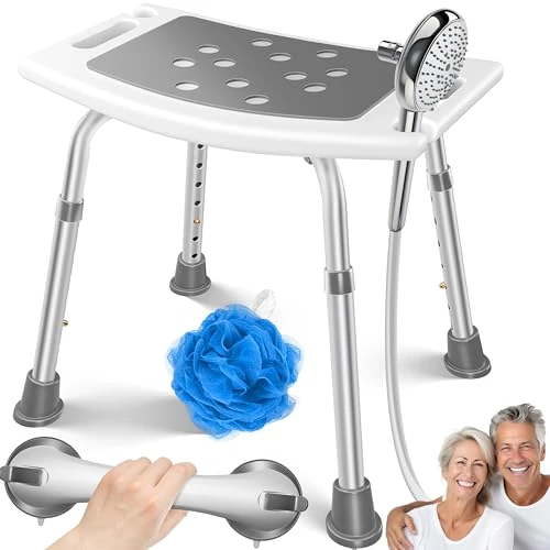 KESSER® Shower Stool Height Adjustable Lightweight Bathroom Stool Non-Slip Rubber Feet Shower Chair 150 kg Load Capacity Shower Aid Seniors Suction Cup Grab Rail Bath Handle Shower Seat with Shower