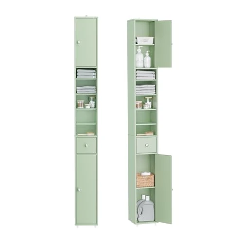 Limited-time offer: SoBuy Tall Bathroom Storage Cabinet - Freestanding Slim Bathroom Cabinet, Water-Resistant MDF with Adjustable Shelves and Drawer - Compact Bathroom Furniture, Light Green, 20x20x180cm, BZR34-II-GR from 86.95 GBP to 86.95 GBP (save 0%)