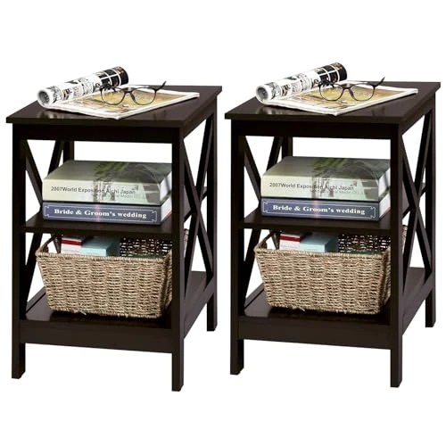 GYMAX Lage bijzettafel met 3 planken van hout, nachtkastje, wit, 40 x 40 x 61 cm (2 stuks - bruin)