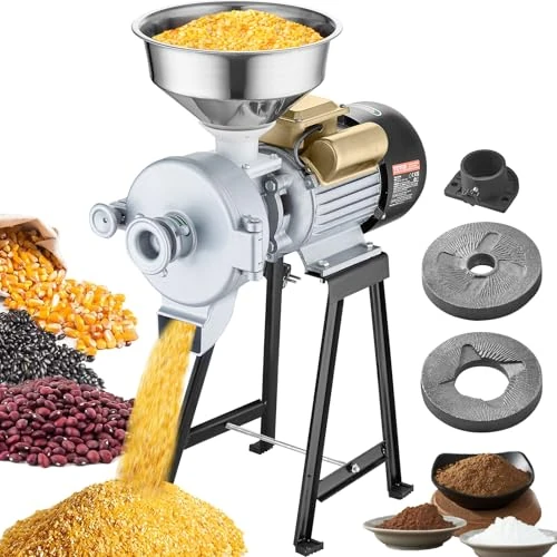 VEVOR Molinillo de Grano Eléctrico 3000 W Molinillo de Especias Comercial Molino de Harina Húmedo y Seco Espesor Ajustable Acero Inoxidable para Moler Cereales, Especias, Hierbas, Pimientos.