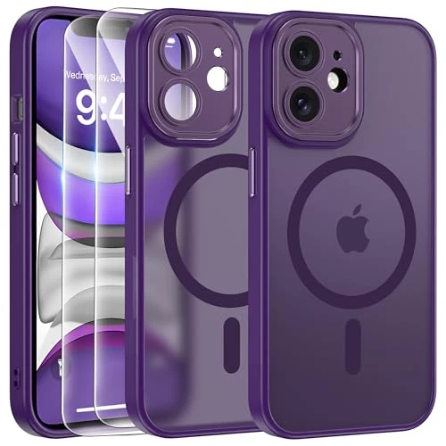 FLLAO Magnetic Cover for iPhone 11 Case and 2 Tempered Glass Films, Cover iPhone 11 Compatible with Magsafe, Translucent Matte Slim Back Shockproof Protective Case, Dark Purple