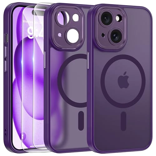 FLLAO Magnetic Cover for iPhone 15 Case and 2 Tempered Glass Films, Cover iPhone 15 Compatible with Magsafe, Translucent Matte Slim Back Shockproof Protective Case, Dark Purple