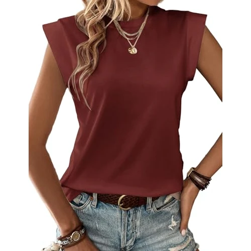 Oferta limitada: Zeagoo Top para Mujer, Camiseta de Verano Holgada con Manga Casquete, Cuello Redondo, Burdeos, XL de 14.99 € a 12.99 € (ahorro 13%)