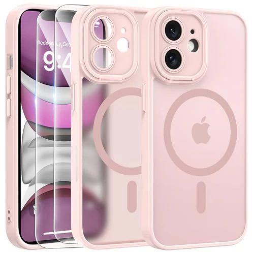FLLAO Magnetische beschermhoes voor iPhone 11, hoes en 2 displaybeschermfolies van gehard glas, compatibel met MagSafe, transparant, mat, achterkant dun, schokbestendig, roze
