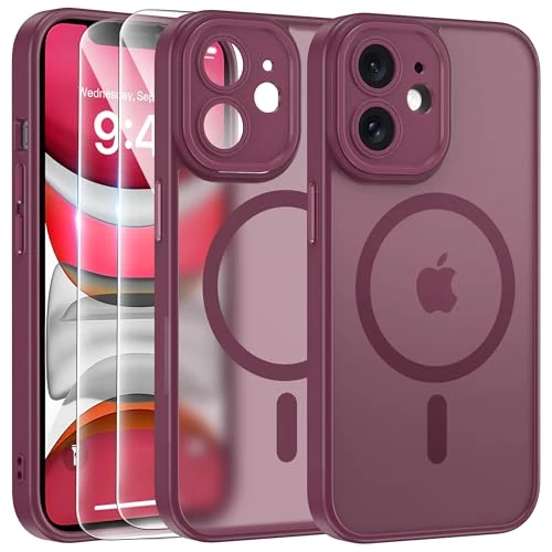 FLLAO Magnetic Cover for iPhone 11 Case and 2 Tempered Glass Films, Cover iPhone 11 Compatible with Magsafe, Translucent Matte Slim Back Shockproof Protective Case, Dark Red