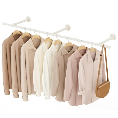 YheenLf Porte Manteau Mural Tringle, Penderie Murale 150cm, Barre Dressing Industriel, Portant pour Salon, Chambre, Gain de Place, Montage Facile, Robuste et Durable, Beige