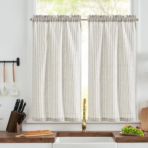 Offerta a tempo: TOPICK Tende a righe in lino con strisce, opache, per cucina, sala da pranzo, bagno, piccola finestra, 65 x 115 cm, grigio su beige - 35% da 34.99 € a 22.73 €