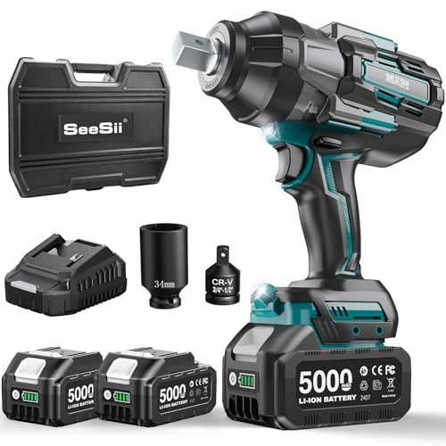 Offerta a tempo: Seesii Avvitatore a Impulsi 1800Nm, 3/4'' Avvitatori a Massa Battente Brushless 10000mAh, Senza Spazzole con 2 Batterie, Trasmissione a 3 Marce, Adattatore per Bit da 3/4'' a 1/2'', 34 mm Presa - 32% da 259.99 € a 175.98 €