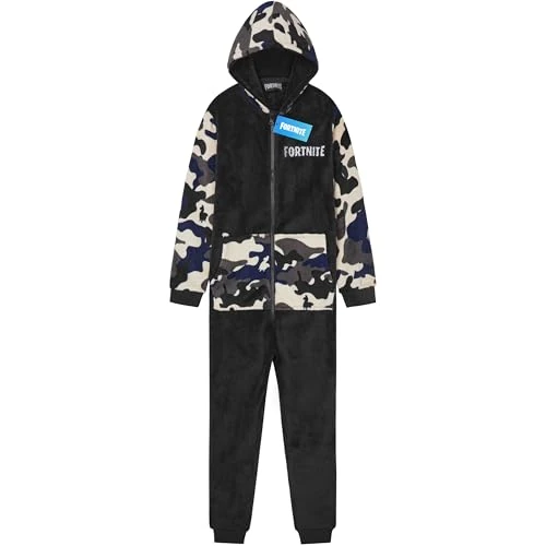 Fortnite Pyjama voor kinderen, jongeren, nachtkleding met ritssluiting, fleece pyjama met capuchon, all-in-one cadeaus voor kinderen, Zwarte Camo, 14-15 jaar