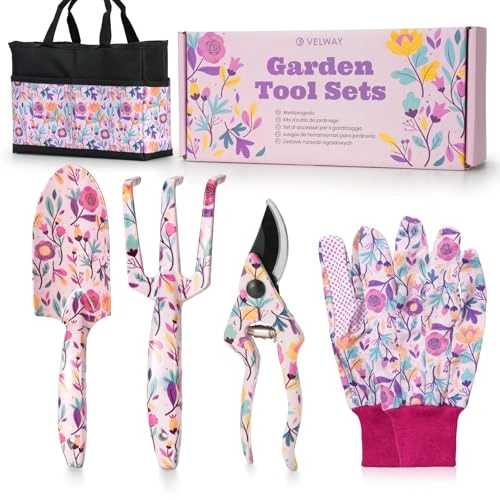 Velway Set di Attrezzi da Giardinaggio - 5 Pezzi Strumenti in Metallo con Motivo Floreale, Guanti e Scatola Regalo, Idea Regalo per Donne, Festa della Mamma, Natale, Compleanno