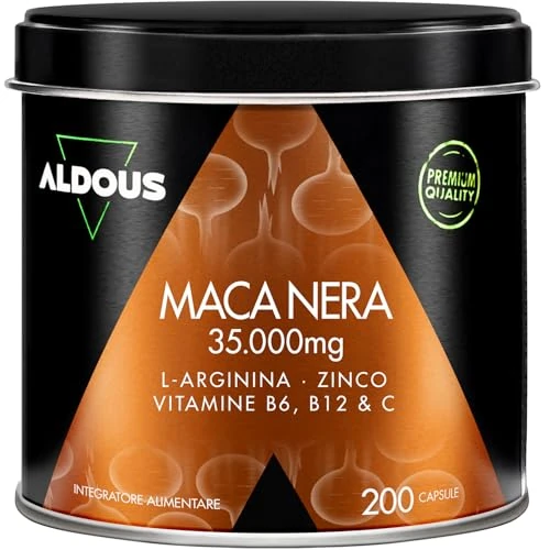 Maca Peruviana Nera Complex 35.000 mg - Estratto Alta Qualità 20:1-200 Capsule Maca Nera - Energia, Vitalità - Arginina, Zinco, Vitamine B6, B12, C - Vegan - ALDOUS