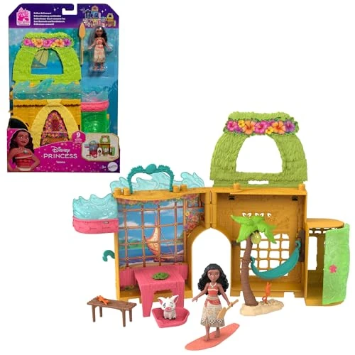 Mattel Disney Princess Spielzeuge Vaiana Storytime Stackers Puppenhaus mit kleiner Vaiana-Puppe,1 Tierfreund und 9 Zubehörteilen, inspiriert vom Disney Film, JDP60