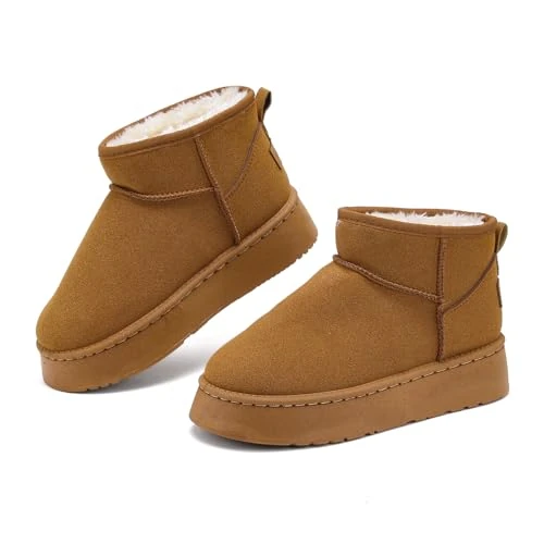Winterschuhe Damen, Warm Bequem Klassisch Schlupfstiefel Schneestiefel Winterstiefel Gefüttert, Mode Wasserdicht Kurzschaft Stiefel Winterstiefel Winter Boots für Den Außenbereich, Hellbraun, 41 EU