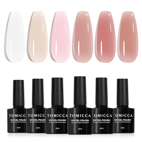 TOMICCA UV Nagellack Set, 6 Farben Transparent Rosa Gel Nagellack, Natur Gellack Soak-Off UV LED Manicure Gel Lacquer Varnish für Nagelstudio DIY Home, 8ml