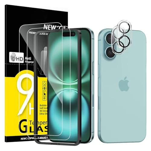 NEW'C 2 x Protector Pantalla para iPhone 16 (6,1 Pulgadas) y 2 x Protector Pantalla Protector de Lente de Cámara - Cristal Templado - Ultra Resistente - Herramienta de instalación fácil incluida
