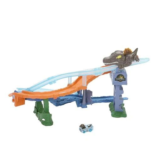 Hot Wheels Spielzeugauto Trackset, RacerVerse Jurassic World Crash & Splash Spielset mit Die-Cast Velociraptor-Fahrzeug, Dinosaurier-Rennen mit Spinosaurus, JFP32