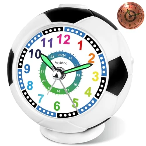Ayybboo Kinder Wecker für Jungen Mädchen，Ohne Ticken mit Analoge kinderwecker Fussball, Nachtlicht Schlummerwecker, Kinderlehrwecker für Schulanfänger Jungen und Mädchen