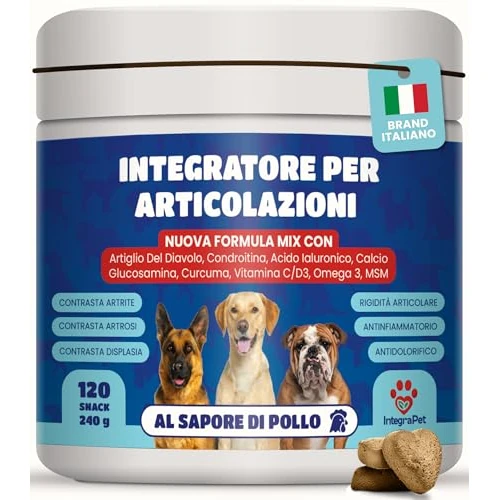 integrapet Suplement stawów psa-120 Naturalne przekąski Joint Care, suplementy dla psów z glukozaminą, chondroityną, diabelskim pazurem, kolagenem, kwasem hialuronowym - włoska marka