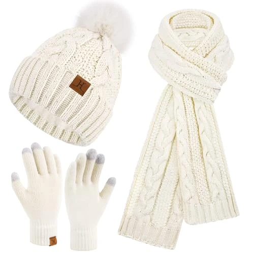 ZASFOU Femme Hiver Bonnet Chapeau Foulard Écran Tactile Gants Ensemble Chenille Pompon Tricot Polaire Doublé Casquette Écharpe Gant Cadeaux pour Femmes