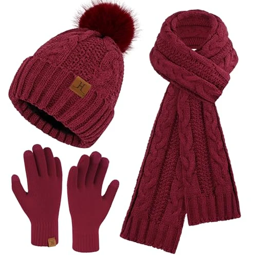 Oferta limitada: ZASFOU Conjunto de gorro de invierno para mujer, bufanda, guantes para pantalla táctil, de chenilla, con forro polar, gorros, gorros, bufandas, regalos para mujer, rojo vino, talla única de 34.98 EUR a 34.98 EUR (ahorro 0%)