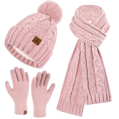 Limited-time offer: ZASFOU Womens Winter Beanie Hats Scarf Touchscreen Gloves Set Chenille Knit Fleece Lined Beanies Pompom Hat Scarves Gifts for Women from 28.99 GBP to 24.64 GBP (save 15%)