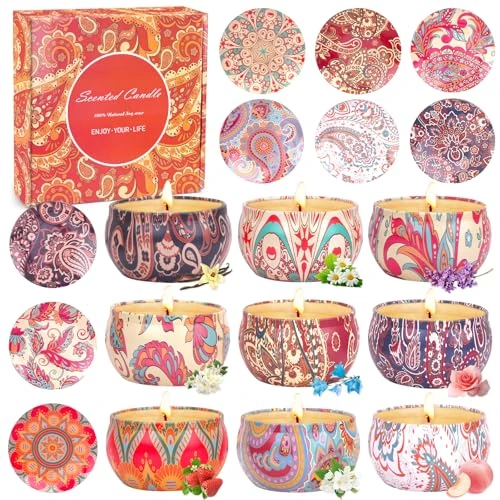 Zestaw świec zapachowych dla kobiet, prezent na Boże Narodzenie, 9 świec zapachowych z pokrywkami, 180 godzin, 100% wosk sojowy, przenośne świece cynowe do podróży na redukcję stresu, prezent