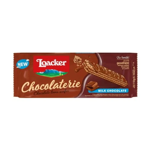 Offerta a tempo: Loacker, Chocolaterie Milk Chocolate, Wafer Fragranti Farciti con 2 Strati di Crema al Cioccolato, Ricoperti di Cioccolato al Latte, Merenda e Snack, 1 Confezione da 118 g - 11% da 1.89 € a 1.69 €