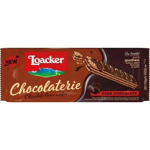 Offerta a tempo: Loacker, Chocolaterie Dark, Wafer al Cioccolato Fondente, 118g | Biscotti Ricoperti di Cioccolato Fondente con Cialde Wafer con Crema al Cioccolato, Snack Dolci per Merenda e Dessert - 26% da 2.69 € a 1.99 €
