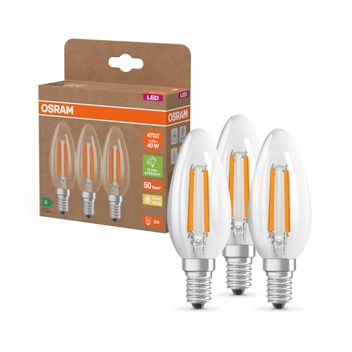 OSRAM Lampes LED haute efficacité avec classe énergétique A, pack avantage de 3 lampes, remplace les ampoules 40W classiques, forme de bougie, blanc chaud (2700K), E14, verre filament