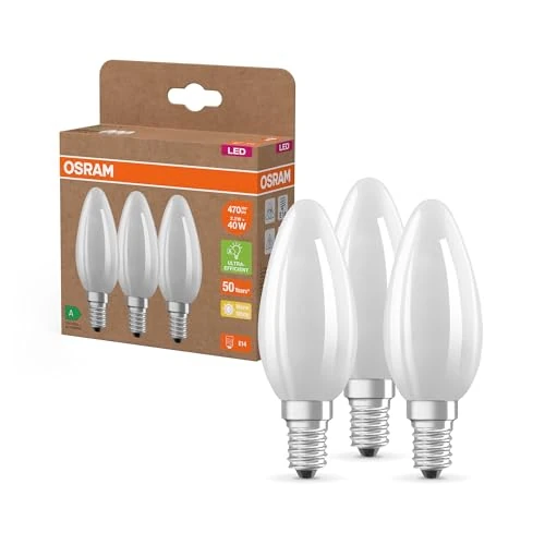 Oferta limitada: OSRAM Lámparas LED de alta eficiencia con clase de eficiencia energética A, paquete de 3 bombillas, reemplaza bombillas incandescentes tradicionales de 40W, forma de vela, blanco cálido, E14 de 14.99 EUR a 10.99 EUR (ahorro 27%)
