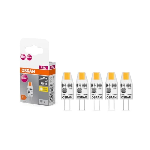 Limited offer: OSRAM LED Base PIN Micro, Pack of 5 Low Voltage Bulbs, Replaces Traditional 10W PIN Specialty Lamps, Warm White (2700K), 1W, G4 Socket, Frosted Glass, Non-dimmable, Ultra-Compact from 17.99 EUR to 10.99 EUR (save 39%)