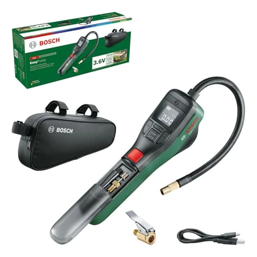 Limited-time offer: Bosch Electric Bike Pump/Air Pump/Mini Compressor EasyPump (3.0 Ah battery; 3.6 Volt; Autostop function; 150 PSI; 10.3 bar; LED; recharge via USB-C cable, 3x Adapter; Quick Connect Plug, Bicycle Bag) from 63.74 GBP to 54.21 GBP (save 15%)
