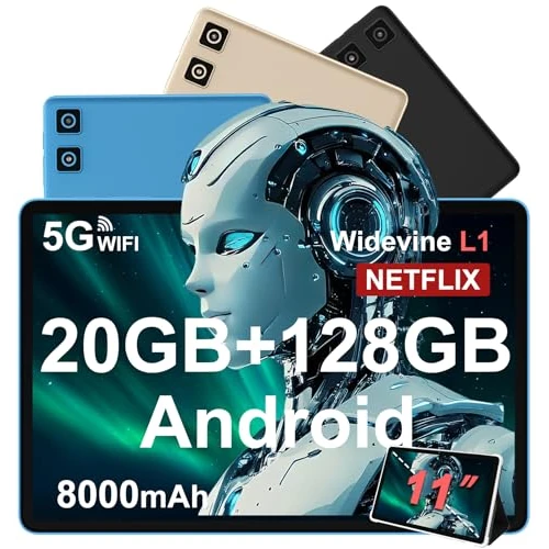 Tablet 11 inch Android 14 met Widevine L1, 8000 mAh + snel opladen 18 W, 5 MP + 13 MP, 20 GB RAM + 128 GB ROM (uitbreidbaar tot 1 TB), 5G WLAN, GPS, Octa-Core 2.0 GHz, 1280 x 800, Face ID, USB-C