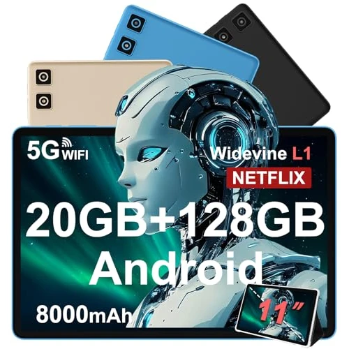 Tablet 11 inch Android 14 met Widevine L1, 8000 mAh + snel opladen 18 W, 5 MP + 13 MP, 20 GB RAM + 128 GB ROM (uitbreidbaar tot 1 TB), 5G WLAN, GPS, Octa-Core 2.0 GHz, 1280 x 800, Face ID, USB-C, goud