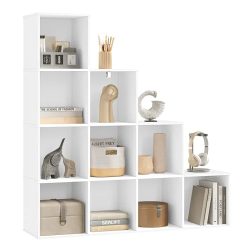 WOLTU regał na książki z 10 półkami, otwarty regał, regał "kostkowy", regał schodkowy na dekoracje, zdjęcia, rośliny, do salonu, sypialni, biura, kolor biały, 120 x 120 x 30 cm