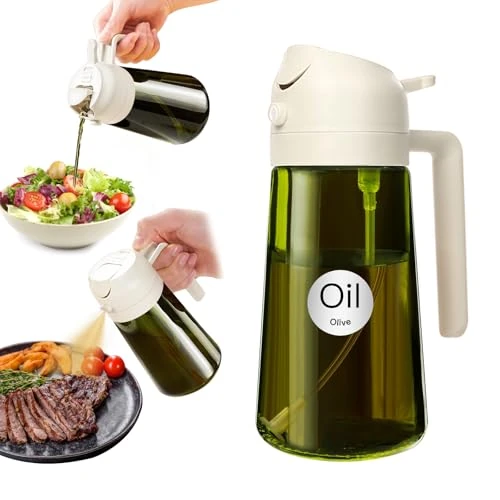 YARRAMATE 16oz/470ml Light-Blocking Dark Oil Sprayer for Cooking, 2-in-1 Olive Dispenser Bottle, Premium Green Glass, Food-Grade Mister for Air Fryer, BBQ, Kitchen Use (White)