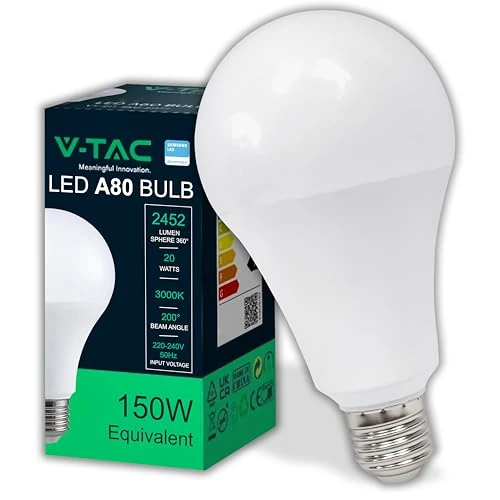 Oferta limitada: V-TAC Bombilla LED E27 - A80-20W (Equivalente a 150W) - 2452 Lumen - Apertura del Haz de Luz 200° - Máxima Eficiencia y Bajo Consumo - 3000K Blanco Calido de 7.99 € a 7.99 € (ahorro 0.00%)